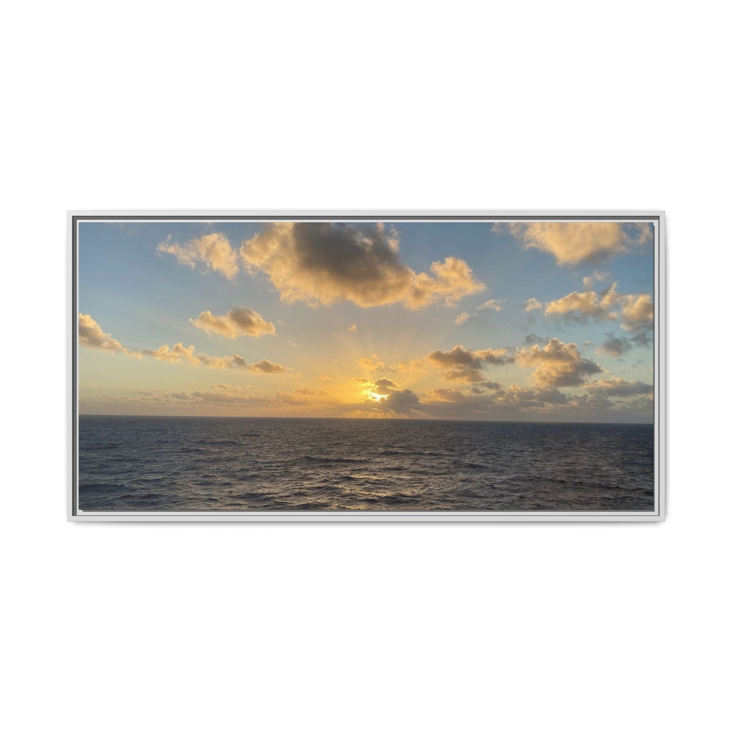 Golden Glow Over Ocean Canvas Wall Art – Peaceful Sunrise Print | Serene Coastal Photography Decor – 48″ x 24″ (Horizontal) Canvas by Printify