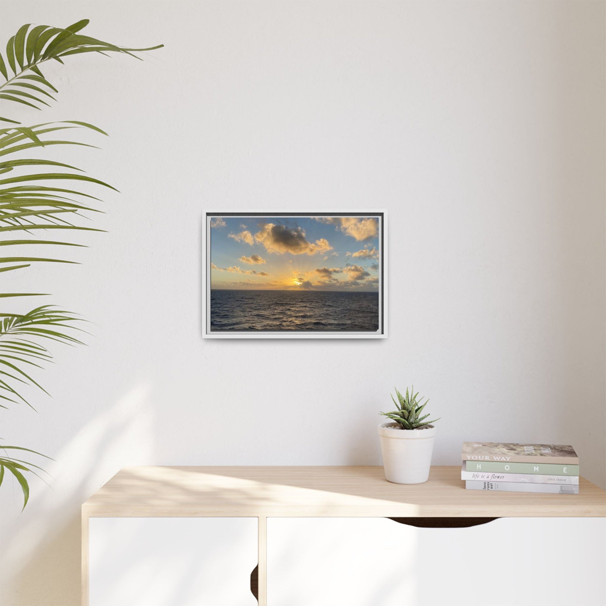 Golden Glow Over Ocean Canvas Wall Art – Peaceful Sunrise Print | Serene Coastal Photography Decor – 18″ x 12″ (Horizontal) Canvas for art for office (82 view)