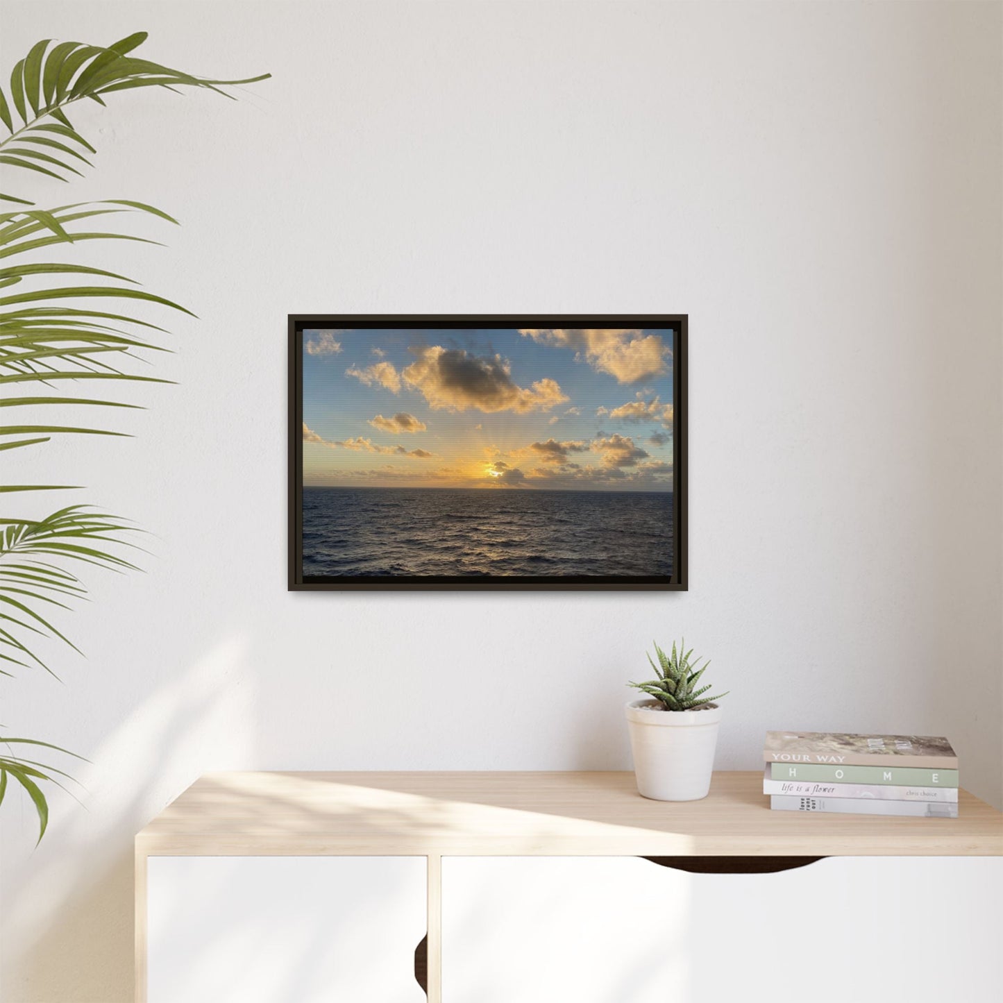 Golden Glow Over Ocean Canvas Wall Art – Peaceful Sunrise Print | Serene Coastal Photography Decor – 18″ x 12″ (Horizontal) Canvas for art for office (88 view)