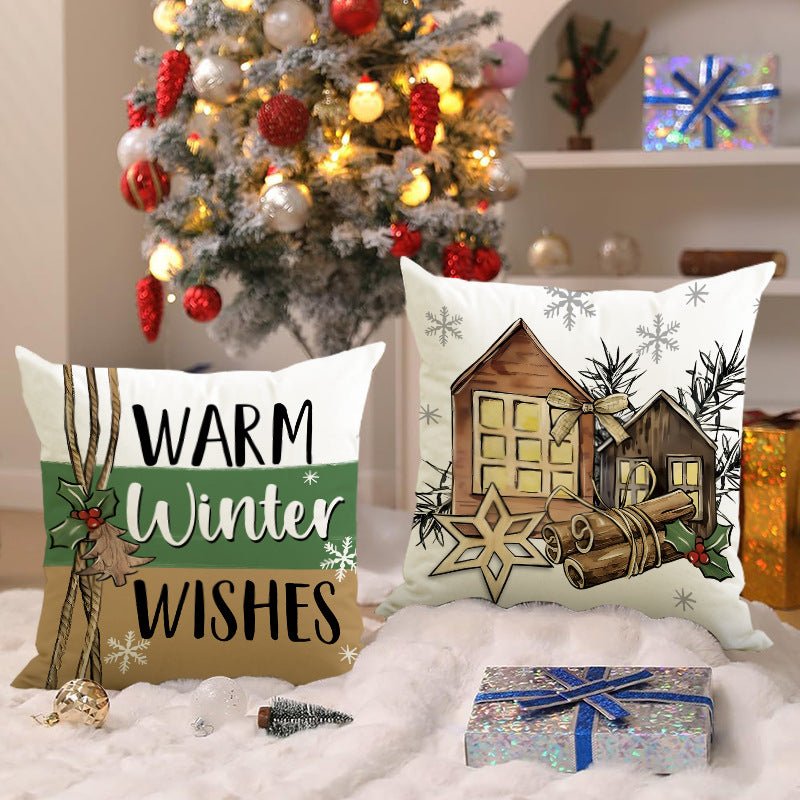Green Christmas Tree Pillow Cover – 45×45cm Linen Cushion Case with Snowflake & Letter Print | Holiday Decor – Style 1 Holiday Decor for christmas (4 view)