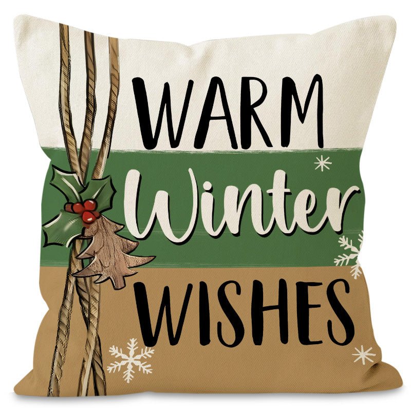 Green Christmas Tree Pillow Cover – 45×45cm Linen Cushion Case with Snowflake & Letter Print | Holiday Decor – Style 1 Holiday Decor for christmas (6 view)