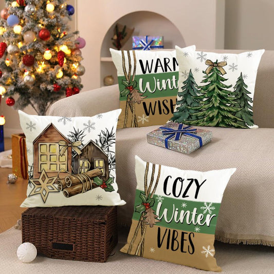 Green Christmas Tree Pillow Cover – 45×45cm Linen Cushion Case with Snowflake & Letter Print | Holiday Decor – Style 1 Holiday Decor for christmas (2 view)
