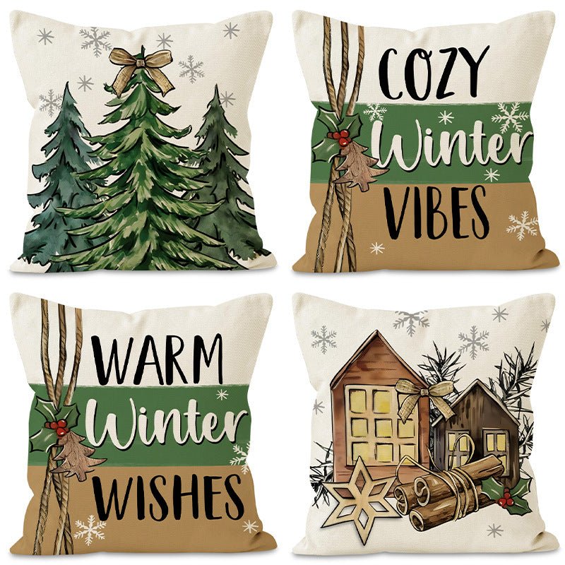 Green Christmas Tree Pillow Cover – 45×45cm Linen Cushion Case with Snowflake & Letter Print | Holiday Decor – Style 1 Holiday Decor for christmas (1 view)