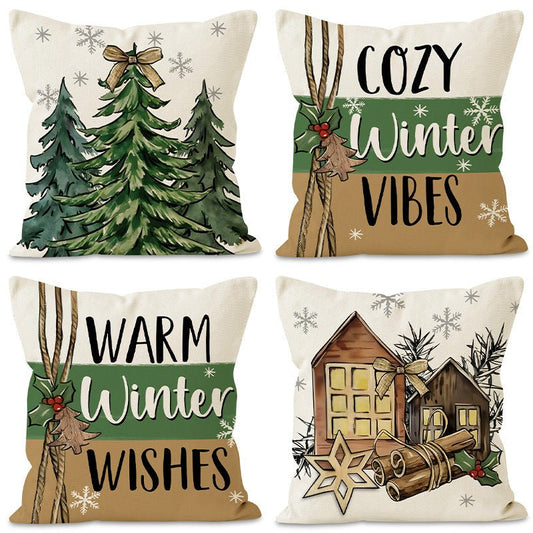 Green Christmas Tree Pillow Cover – 45×45cm Linen Cushion Case with Snowflake & Letter Print | Holiday Decor – Style 1 Holiday Decor for christmas (1 view)