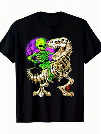 Green Skull T - Rex T-Shirt – Halloween Dinosaur Graphic Tee for Men | Fossil Style Streetwear – Black Mens Top for dinosaur shirt (1 view)
