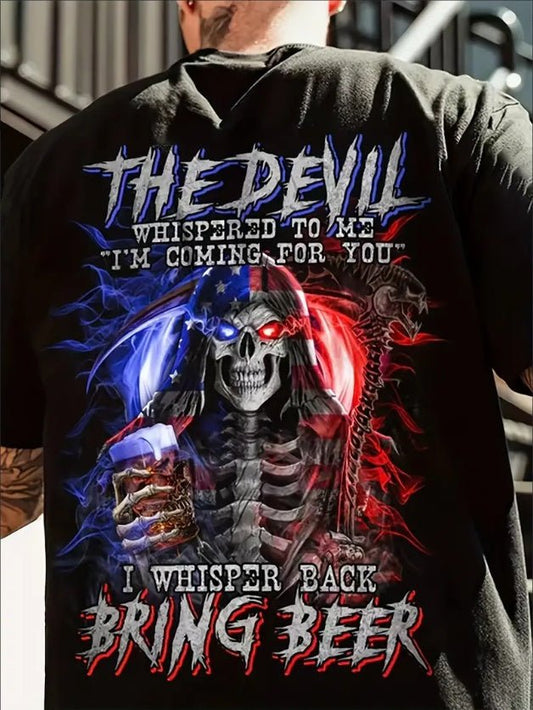 Grinning Skeleton Beer T-Shirt – Big & Tall Men’s 3D Halloween Tee | Plus Size Casual Style – Black Mens Top for 3D print (1 view)