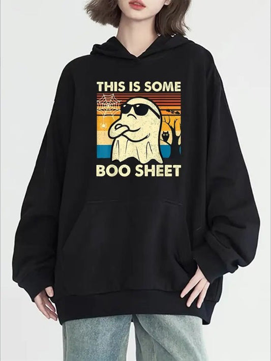Halloween Graphic Hoodie – Cozy Pullover with Pocket | Women's All - Season Spooky Style – Black Women's Top for all - season pullover (1 view)