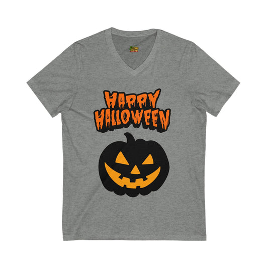 Happy Halloween Pumpkin Tee – Classic Jack - O’ - Lantern Graphic Shirt | Fall & Spooky Season V - Neck – Deep Heather V - neck for bee lovers gift (1 view)