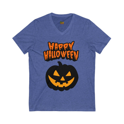 Happy Halloween Pumpkin Tee – Classic Jack - O’ - Lantern Graphic Shirt | Fall & Spooky Season V - Neck – Heather True Royal V - neck for bee lovers gift (5 view)