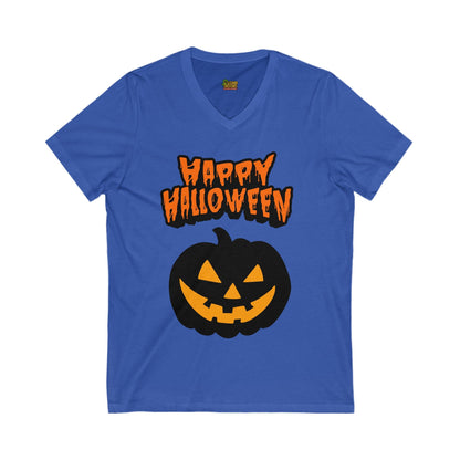 Happy Halloween Pumpkin Tee – Classic Jack - O’ - Lantern Graphic Shirt | Fall & Spooky Season V - Neck – True Royal V - neck for bee lovers gift (3 view)