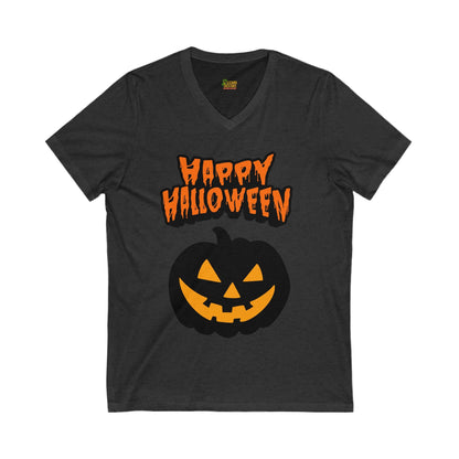 Happy Halloween Pumpkin Tee – Classic Jack - O’ - Lantern Graphic Shirt | Fall & Spooky Season V - Neck – Dark Grey Heather V - neck for bee lovers gift (9 view)