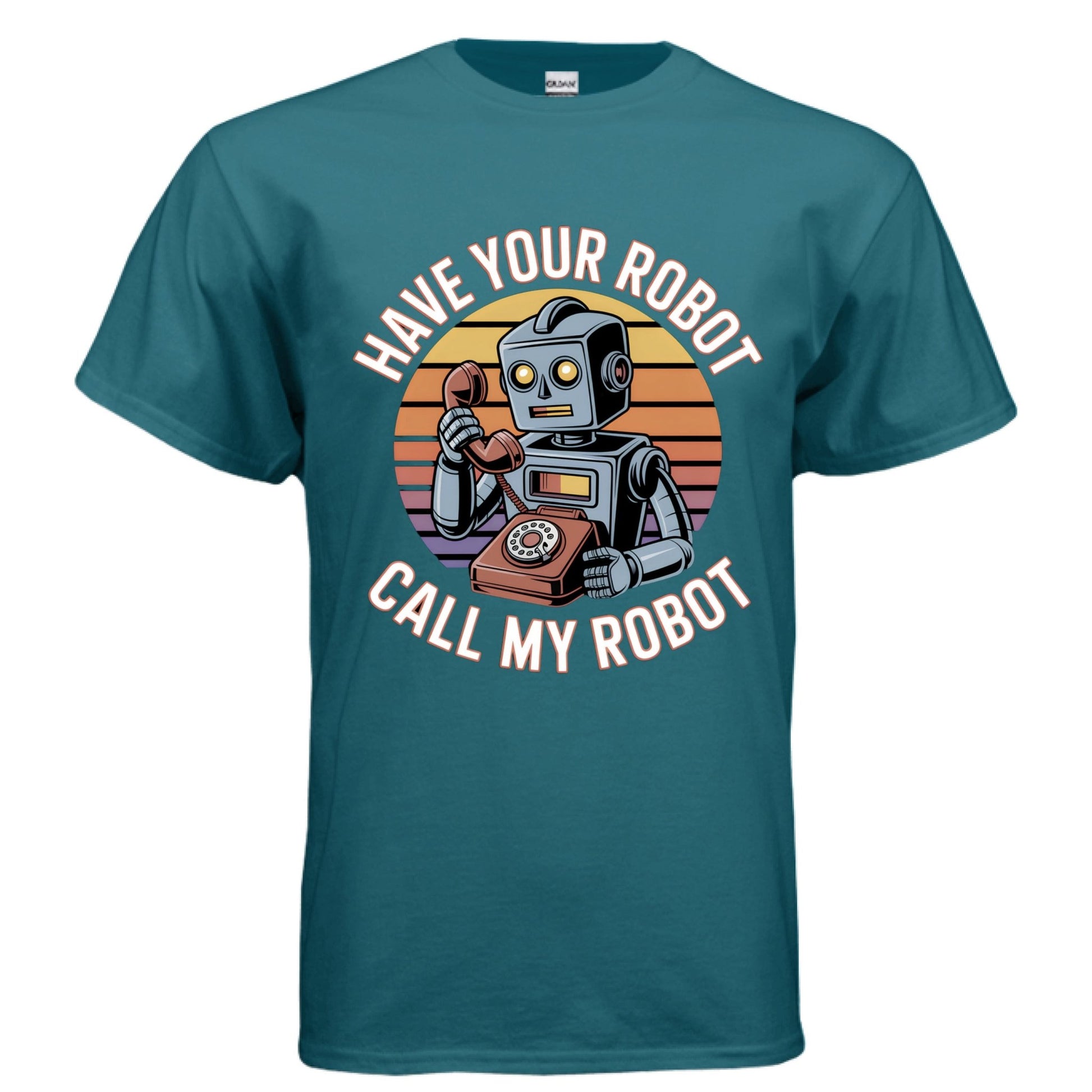 Have Your Robot Call My Robot – Retro AI Humor Shirt | Clowns of E - Com – GALAPAGOS BLUE T-Shirt for Apparel (19 view)