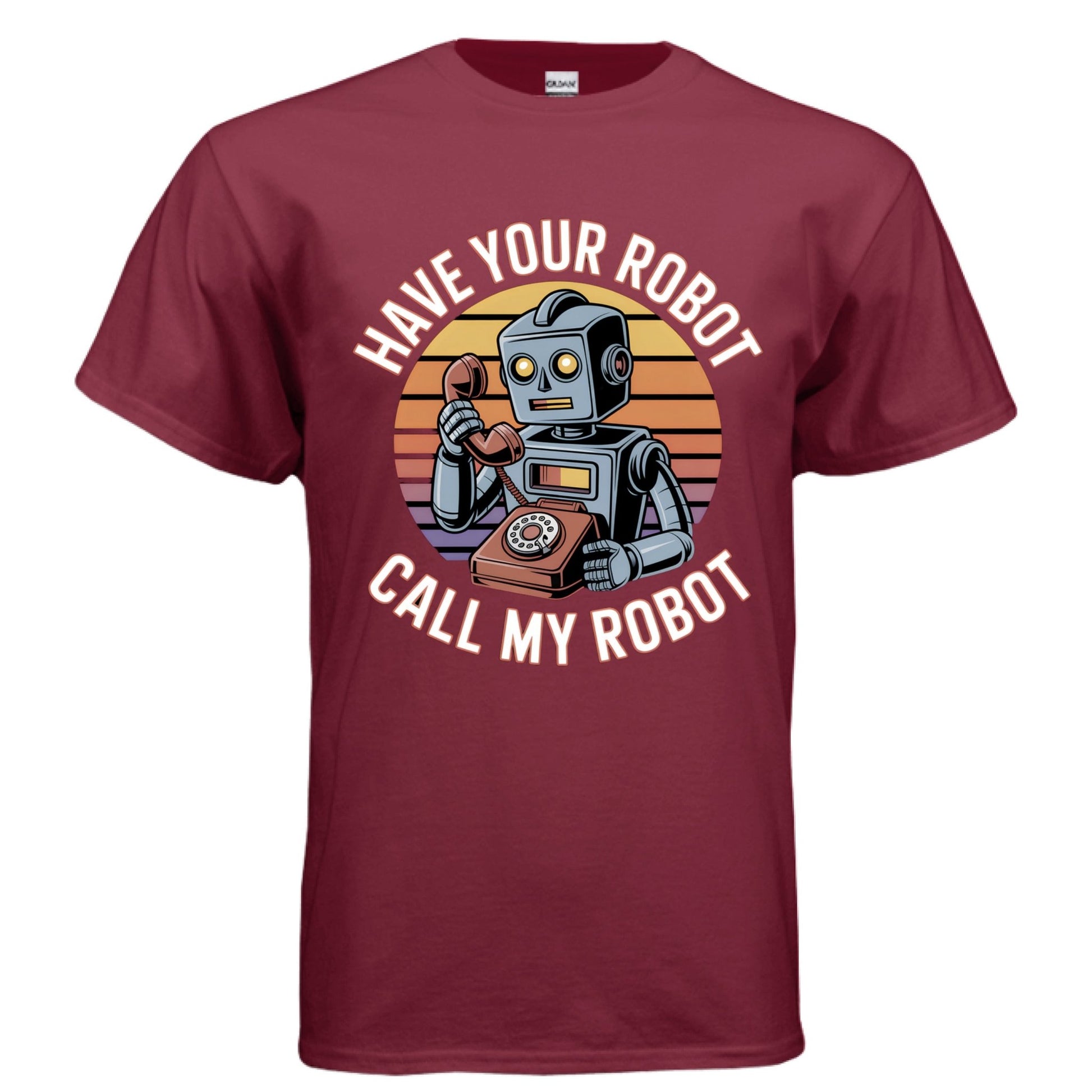 Have Your Robot Call My Robot – Retro AI Humor Shirt | Clowns of E - Com – CARDINAL RED T-Shirt for Apparel (4 view)