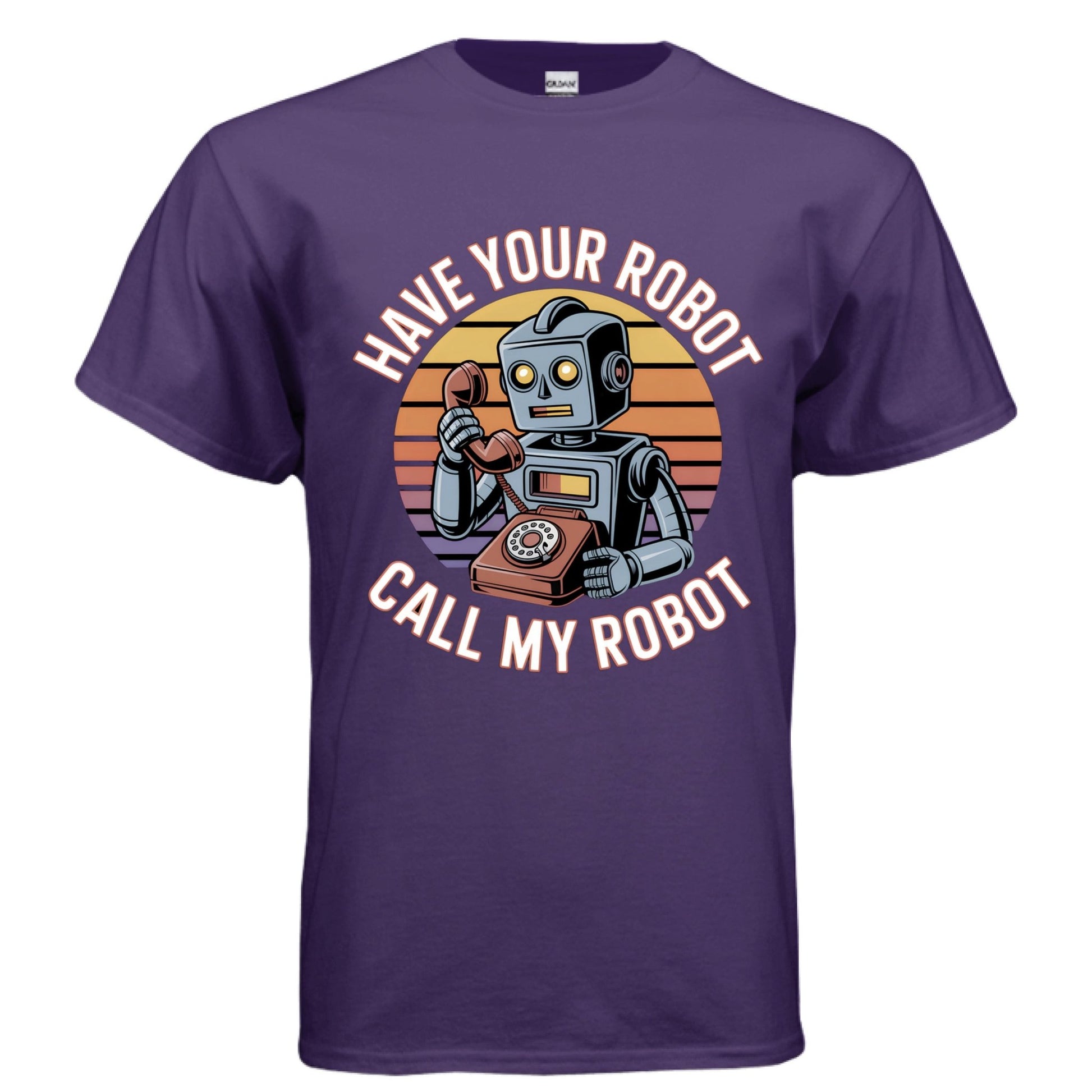 Have Your Robot Call My Robot – Retro AI Humor Shirt | Clowns of E - Com – PURPLE T-Shirt for Apparel (13 view)