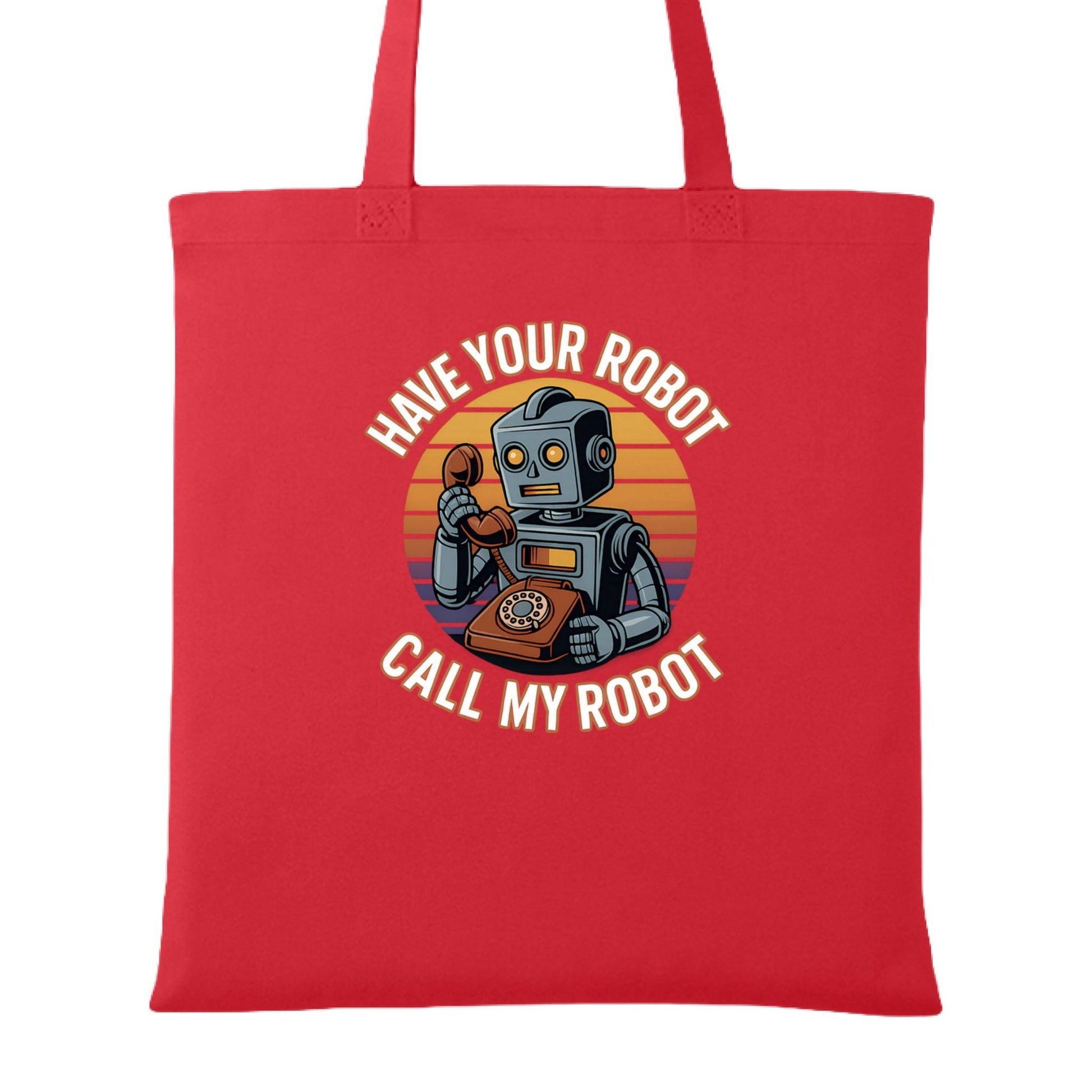 Have Your Robot Call My Robot – Retro AI Humor Tote Bag | Clowns of E - Com – RED Tote Bag for automation joke (4 view)