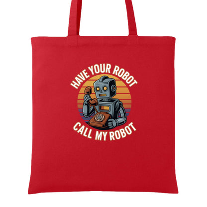 Have Your Robot Call My Robot – Retro AI Humor Tote Bag | Clowns of E - Com – RED Tote Bag for automation joke (3 view)