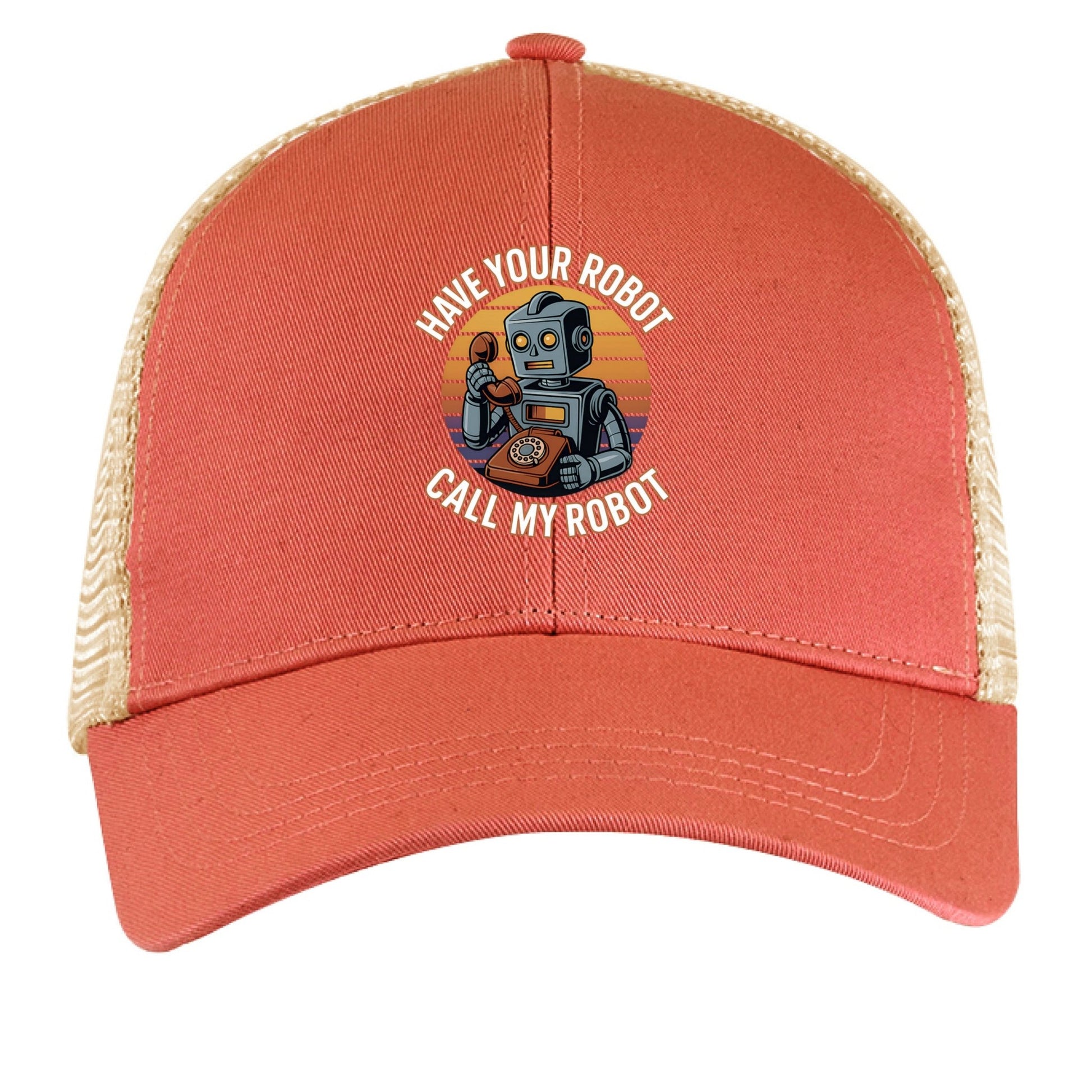 Have Your Robot Call My Robot – Retro AI Humor Trucker Hat | Clowns of E - Com – ORNGE POPPY / OYSTER Hats for Apparel (4 view)