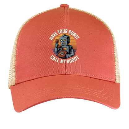 Have Your Robot Call My Robot – Retro AI Humor Trucker Hat | Clowns of E - Com – ORNGE POPPY / OYSTER Hats for Apparel (4 view)