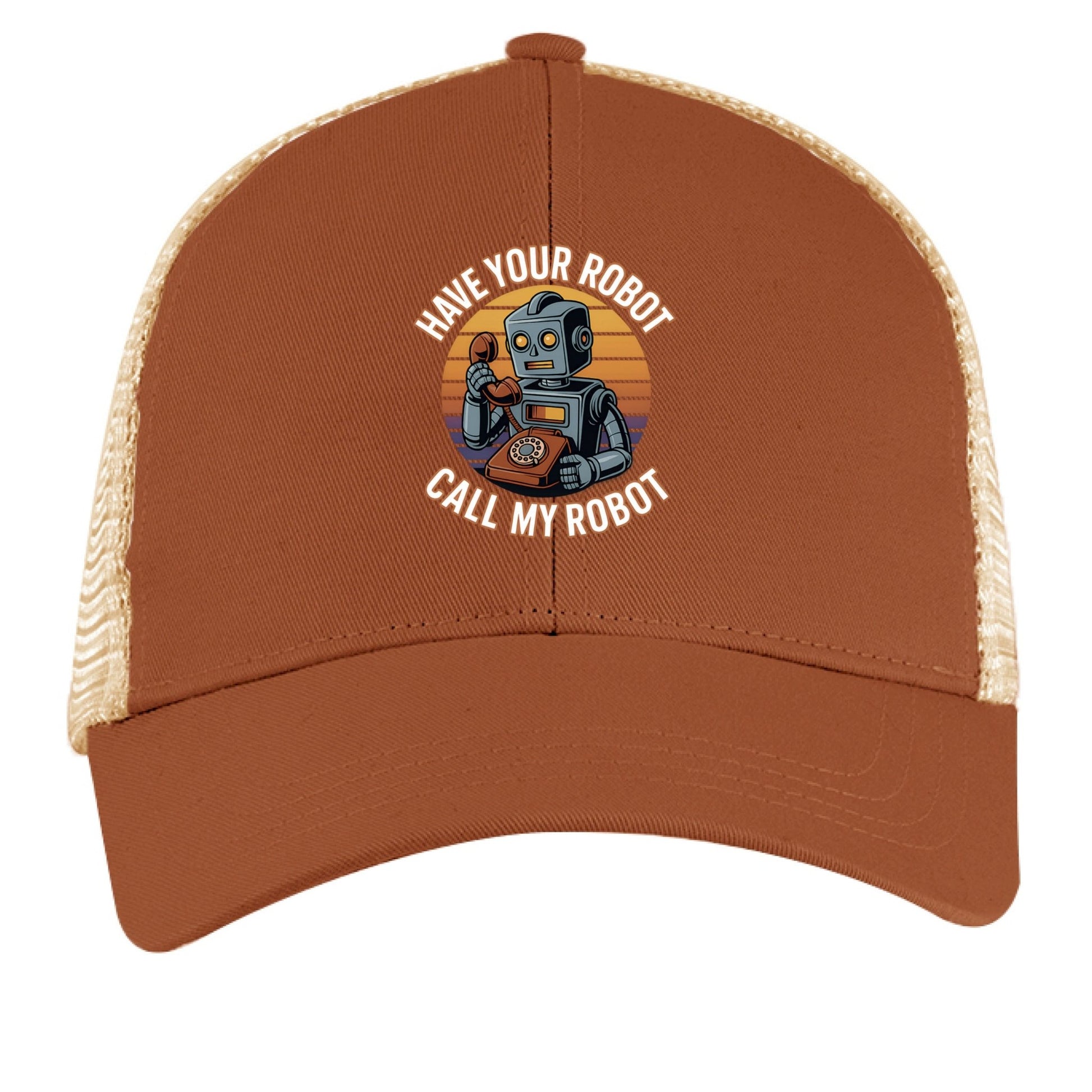 Have Your Robot Call My Robot – Retro AI Humor Trucker Hat | Clowns of E - Com – LEG BRWN / OYSTER Hats for Apparel (8 view)