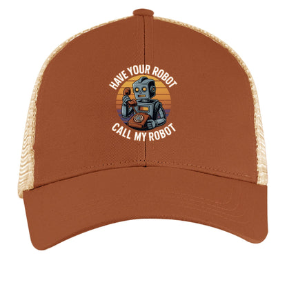 Have Your Robot Call My Robot – Retro AI Humor Trucker Hat | Clowns of E - Com – LEG BRWN / OYSTER Hats for Apparel (8 view)
