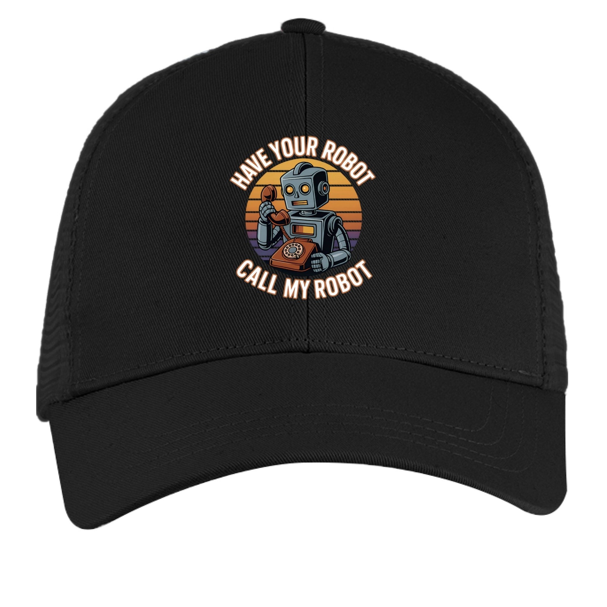 Have Your Robot Call My Robot – Retro AI Humor Trucker Hat | Clowns of E - Com – BLACK / BLACK Hats for Apparel (14 view)