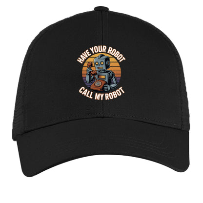 Have Your Robot Call My Robot – Retro AI Humor Trucker Hat | Clowns of E - Com – BLACK / BLACK Hats for Apparel (14 view)