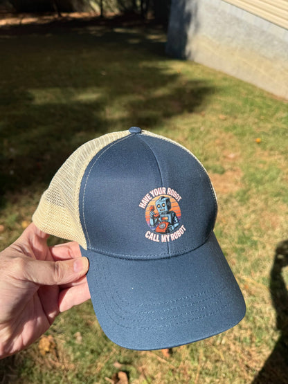 Have Your Robot Call My Robot – Retro AI Humor Trucker Hat | Clowns of E - Com – BLACK / BLACK Hats for Apparel (16 view)