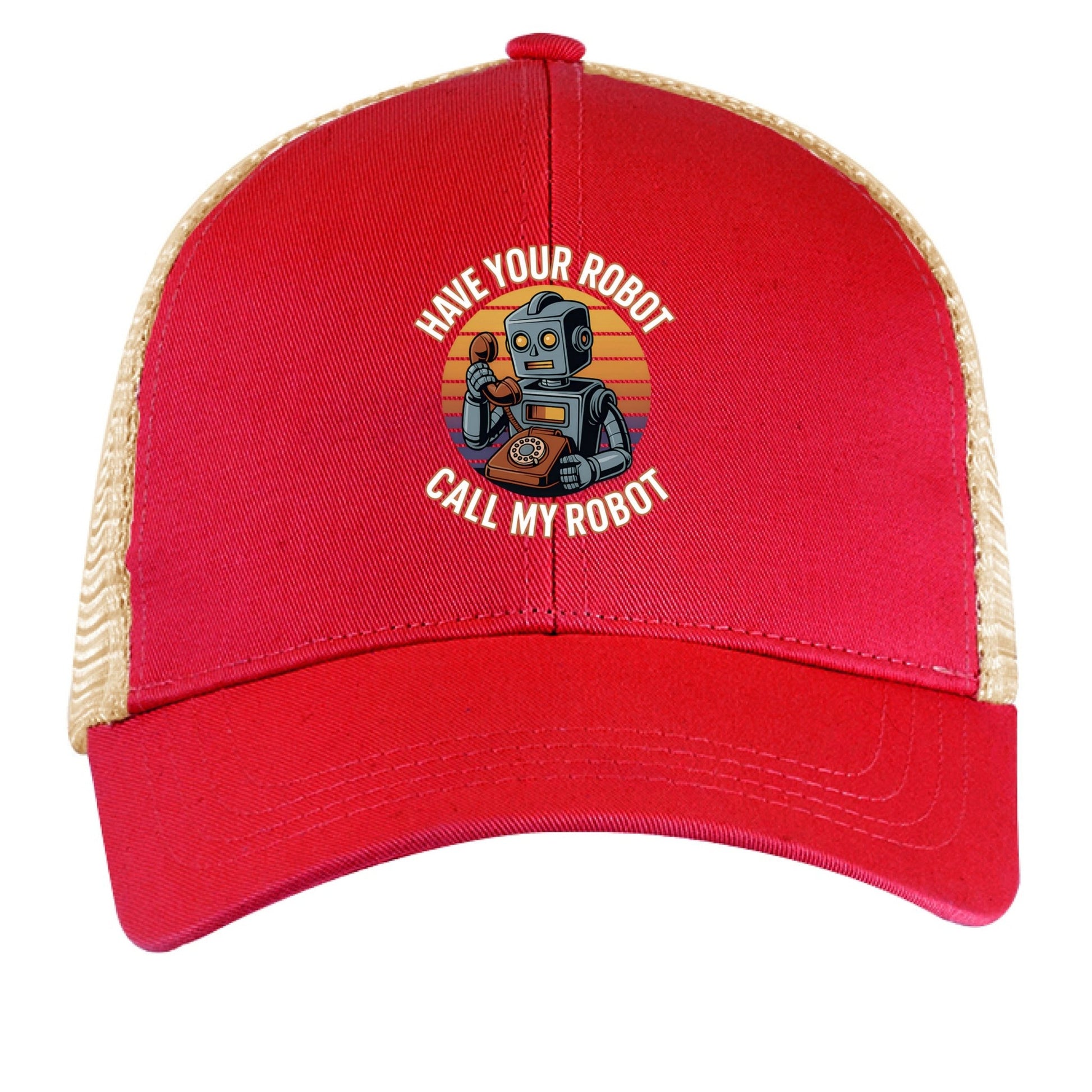 Have Your Robot Call My Robot – Retro AI Humor Trucker Hat | Clowns of E - Com – RED / OYSTER Hats for Apparel (2 view)