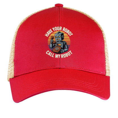Have Your Robot Call My Robot – Retro AI Humor Trucker Hat | Clowns of E - Com – RED / OYSTER Hats for Apparel (2 view)
