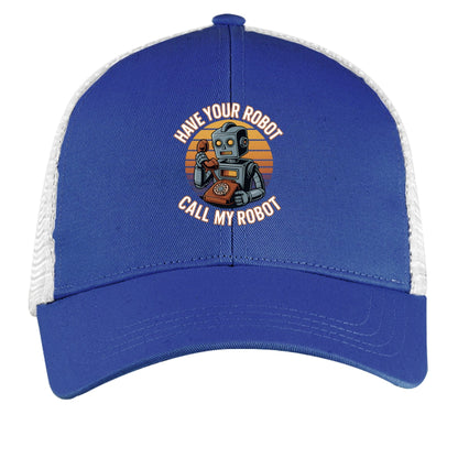Have Your Robot Call My Robot – Retro AI Humor Trucker Hat | Clowns of E - Com – ROYAL/ WHITE Hats for Apparel (1 view)