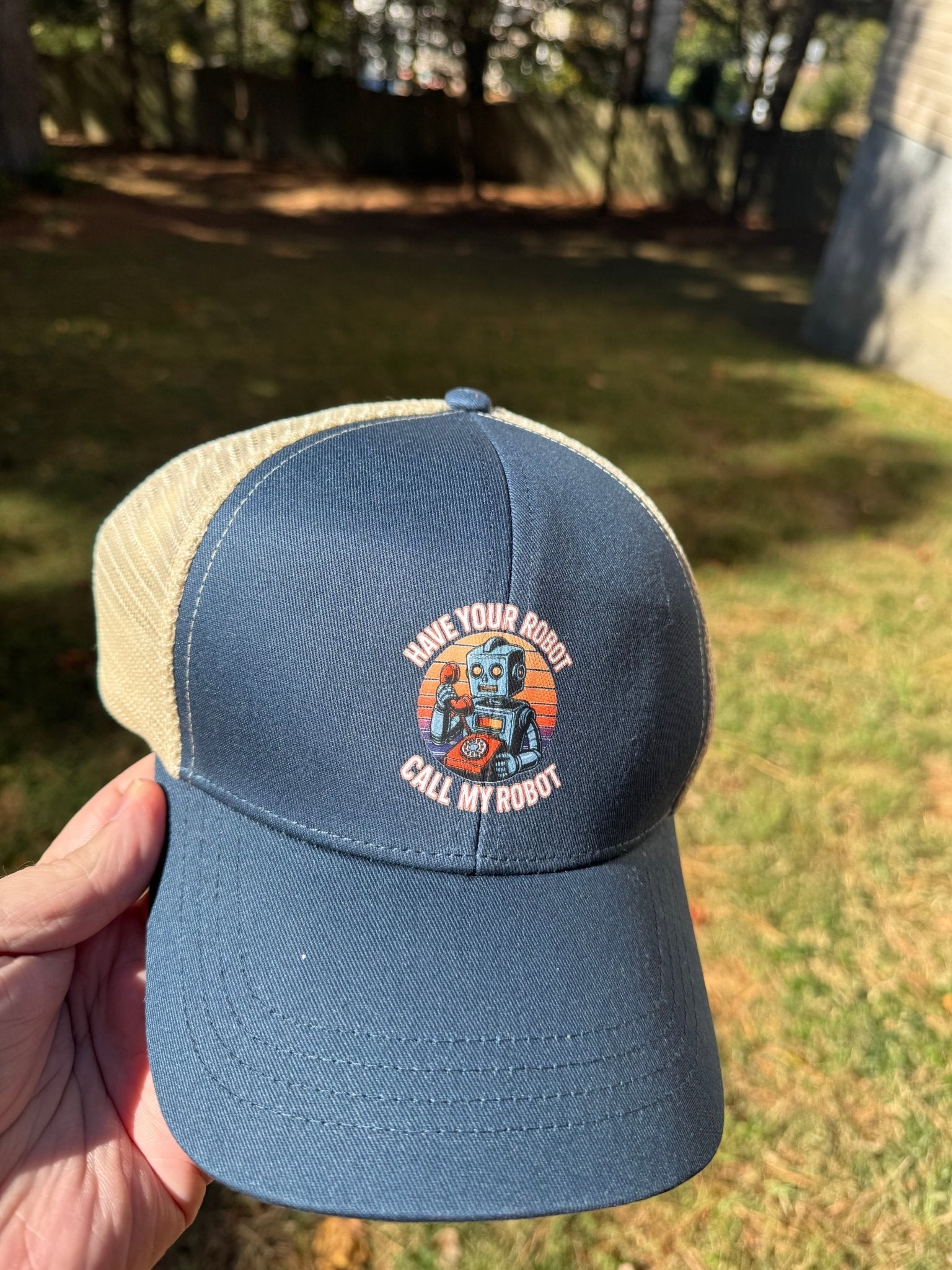 Have Your Robot Call My Robot – Retro AI Humor Trucker Hat | Clowns of E - Com – BLACK / BLACK Hats for Apparel (15 view)