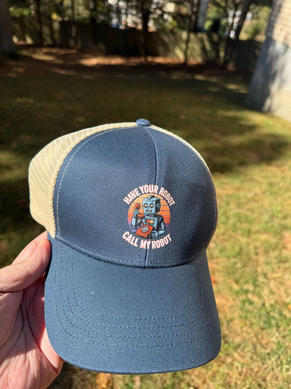 Have Your Robot Call My Robot – Retro AI Humor Trucker Hat | Clowns of E - Com – BLACK / BLACK Hats for Apparel (15 view)