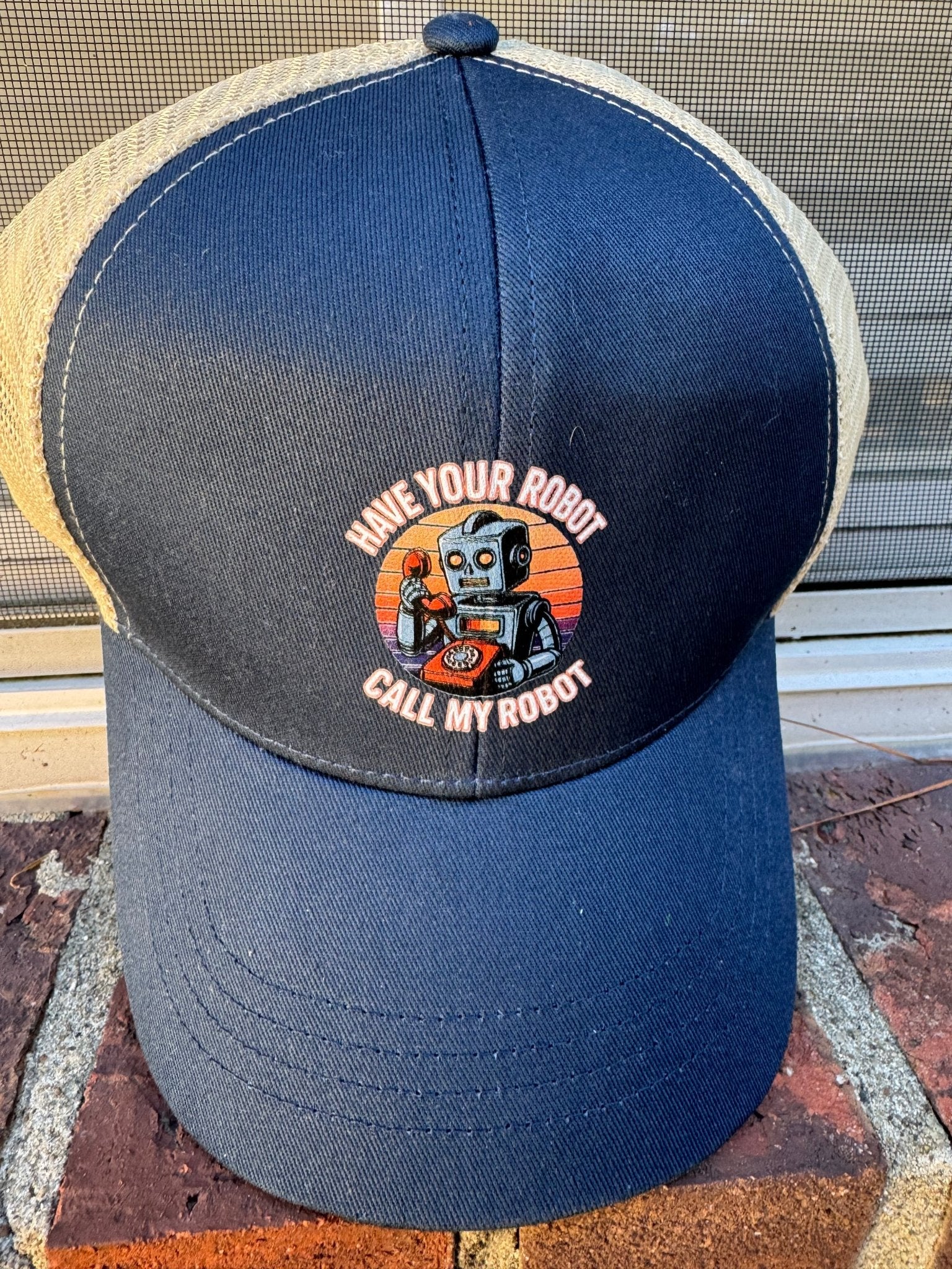 Have Your Robot Call My Robot – Retro AI Humor Trucker Hat | Clowns of E - Com – BLACK / BLACK Hats for Apparel (18 view)