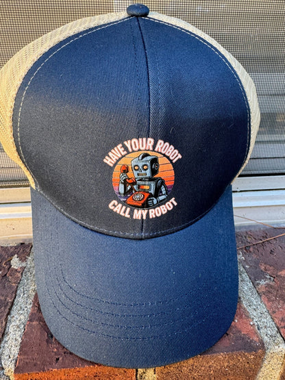 Have Your Robot Call My Robot – Retro AI Humor Trucker Hat | Clowns of E - Com – BLACK / BLACK Hats for Apparel (18 view)