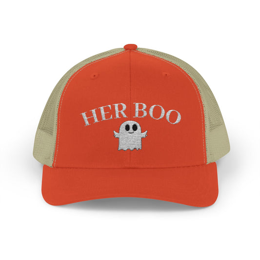 Her Boo Halloween Hat – Cute Ghost Embroidered Trucker Cap | Couples Matching Outfit – Rustic Orange / Khaki Hats for Casual Fashion (1 view)