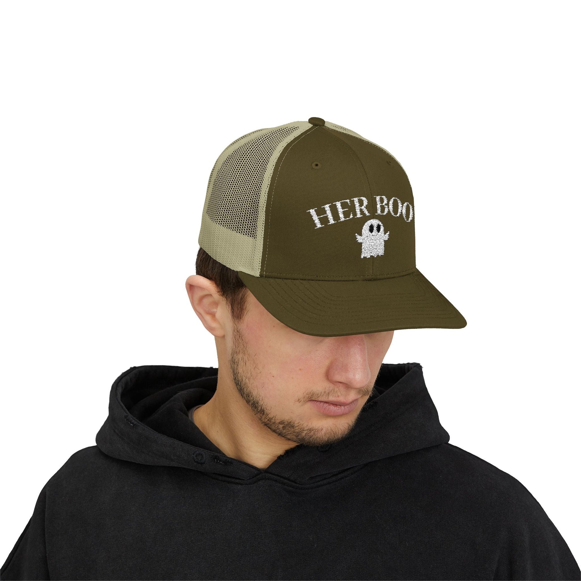 Her Boo Halloween Hat – Cute Ghost Embroidered Trucker Cap | Couples Matching Outfit – Moss / Khaki Hats for Casual Fashion (26 view)