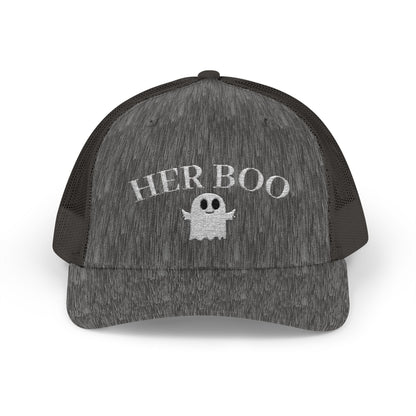 Her Boo Halloween Hat – Cute Ghost Embroidered Trucker Cap | Couples Matching Outfit – Dark Heather Grey Hats for Casual Fashion (22 view)