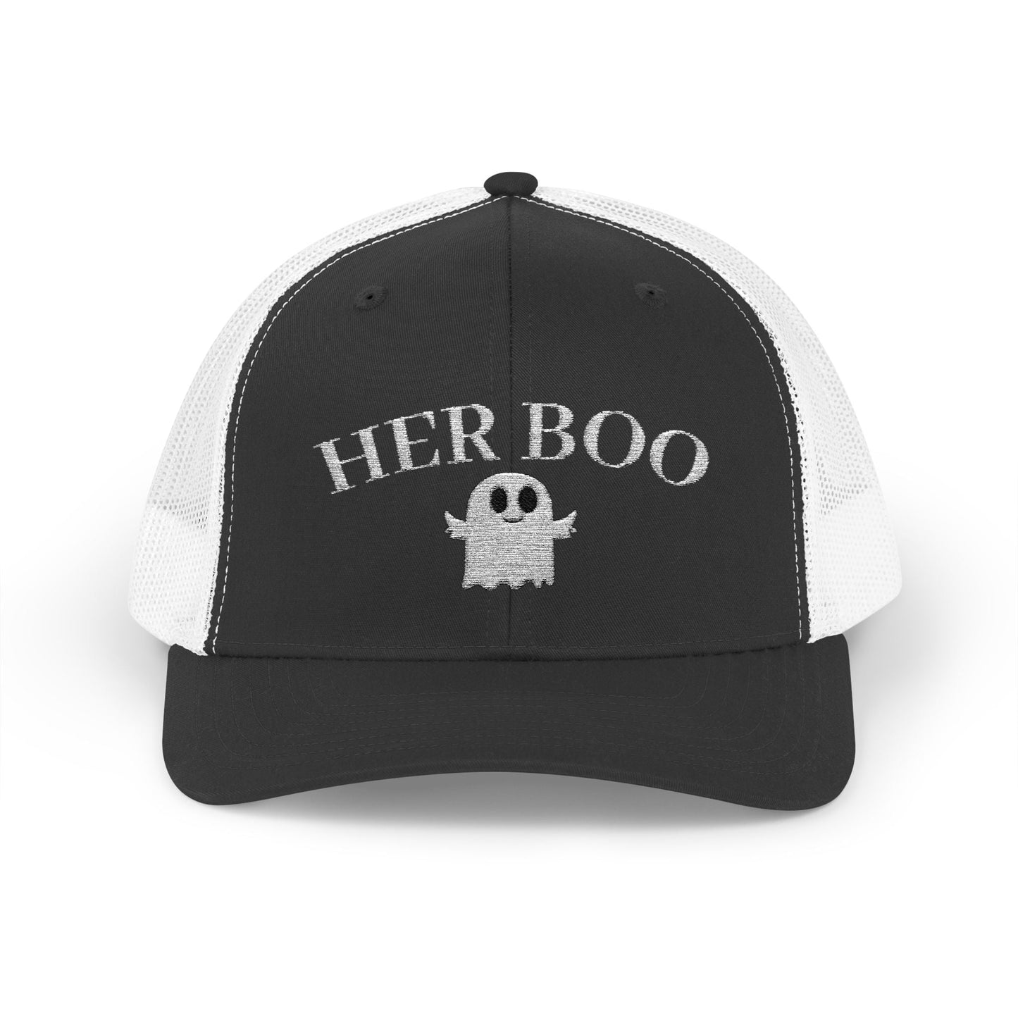 Her Boo Halloween Hat – Cute Ghost Embroidered Trucker Cap | Couples Matching Outfit – Black / White Hats for Casual Fashion (13 view)