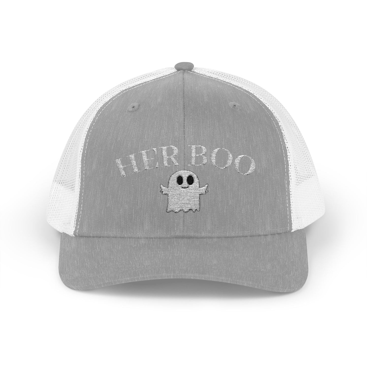 Her Boo Halloween Hat – Cute Ghost Embroidered Trucker Cap | Couples Matching Outfit – Heather Grey / White Hats for Casual Fashion (31 view)