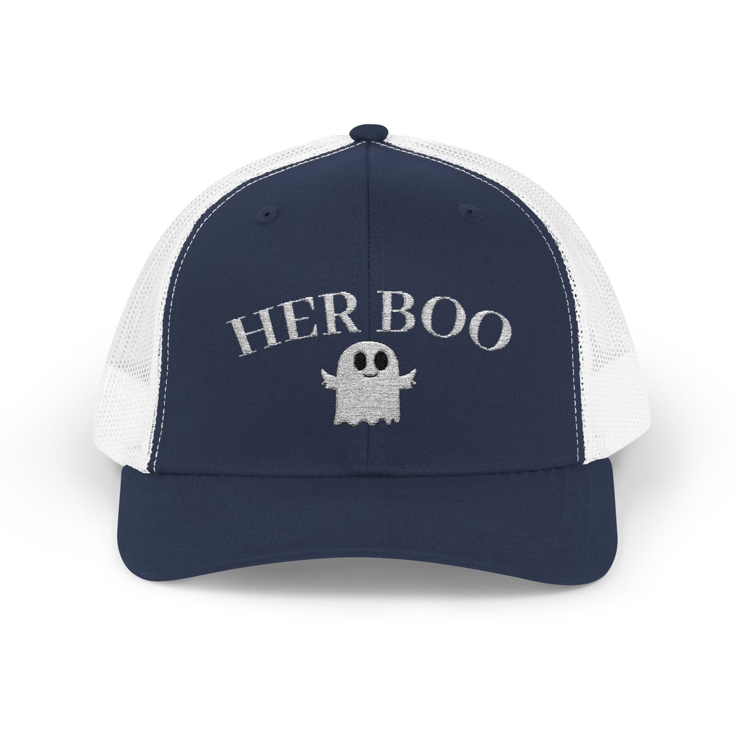 Her Boo Halloween Hat – Cute Ghost Embroidered Trucker Cap | Couples Matching Outfit – Navy / White Hats for Casual Fashion (40 view)