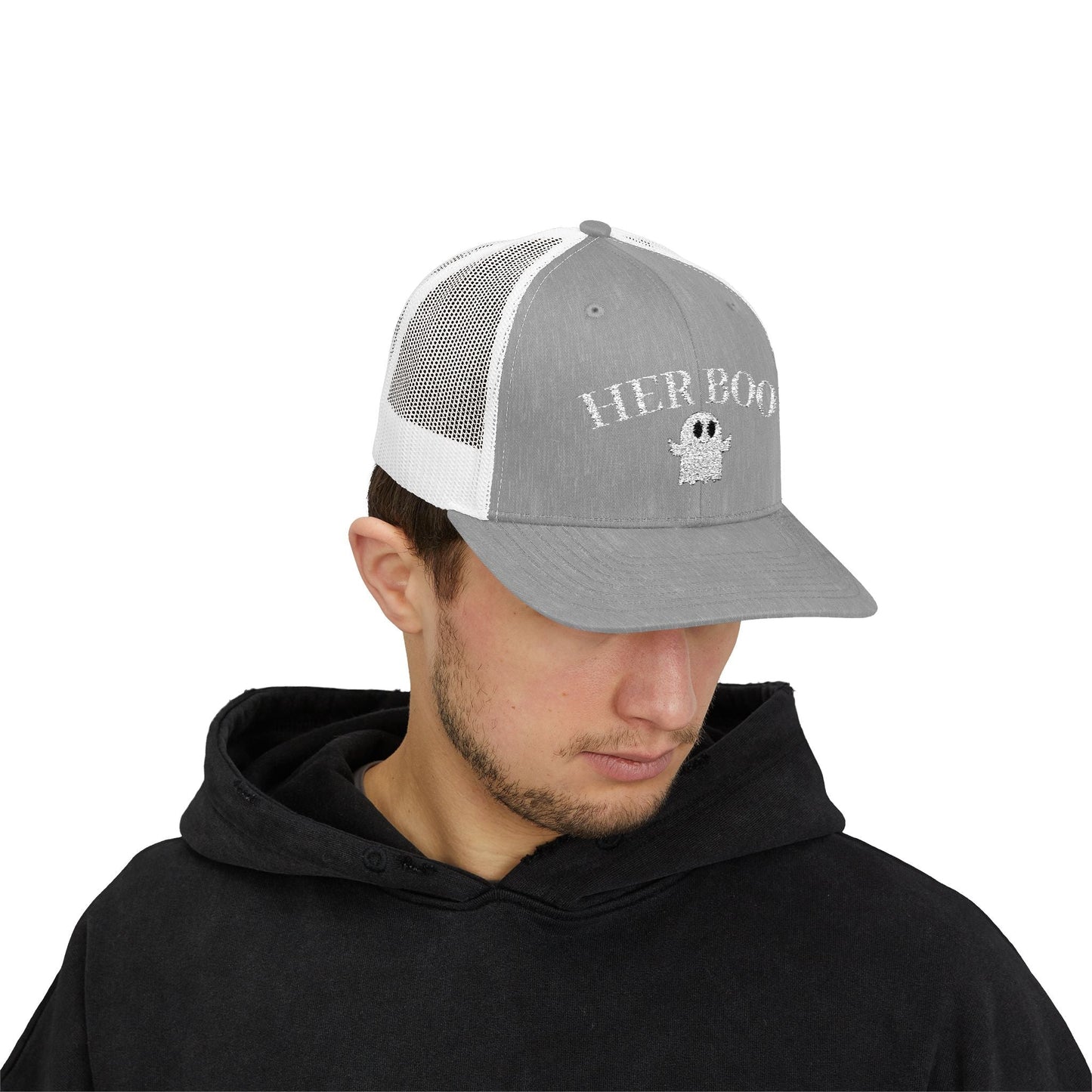 Her Boo Halloween Hat – Cute Ghost Embroidered Trucker Cap | Couples Matching Outfit – Heather Grey / White Hats for Casual Fashion (32 view)
