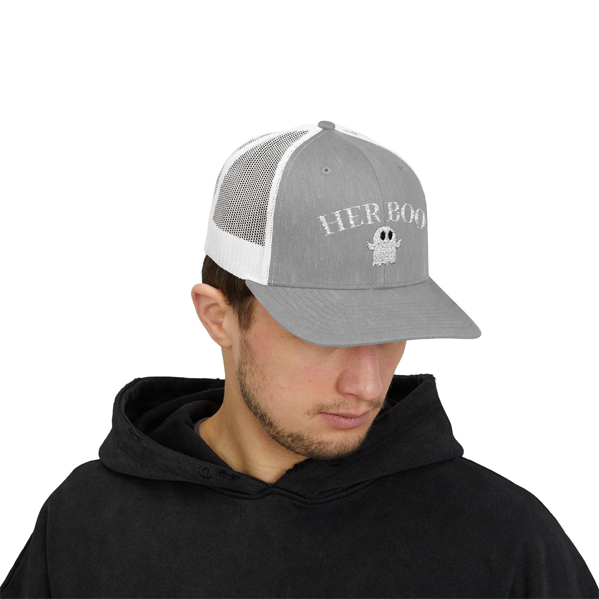 Her Boo Halloween Hat – Cute Ghost Embroidered Trucker Cap | Couples Matching Outfit – Heather Grey / White Hats for Casual Fashion (32 view)