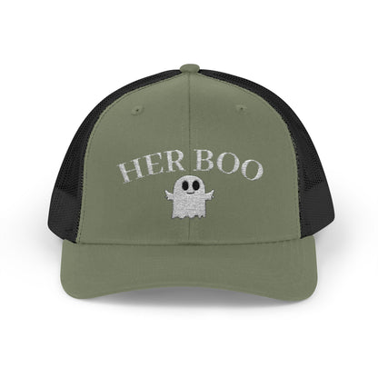 Her Boo Halloween Hat – Cute Ghost Embroidered Trucker Cap | Couples Matching Outfit – Loden / Black Hats for Casual Fashion (16 view)