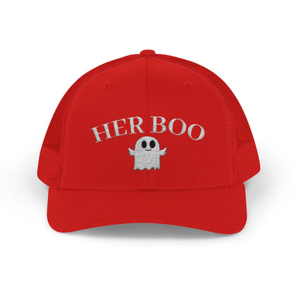 Her Boo Halloween Hat – Cute Ghost Embroidered Trucker Cap | Couples Matching Outfit – Red Hats for Casual Fashion (4 view)