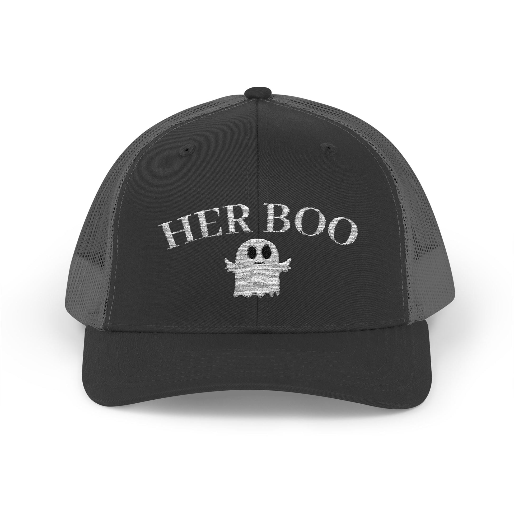 Her Boo Halloween Hat – Cute Ghost Embroidered Trucker Cap | Couples Matching Outfit – Black Hats for Casual Fashion (10 view)