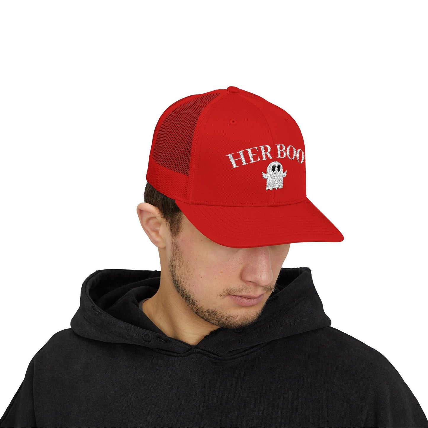 Her Boo Halloween Hat – Cute Ghost Embroidered Trucker Cap | Couples Matching Outfit – Red Hats for Casual Fashion (5 view)