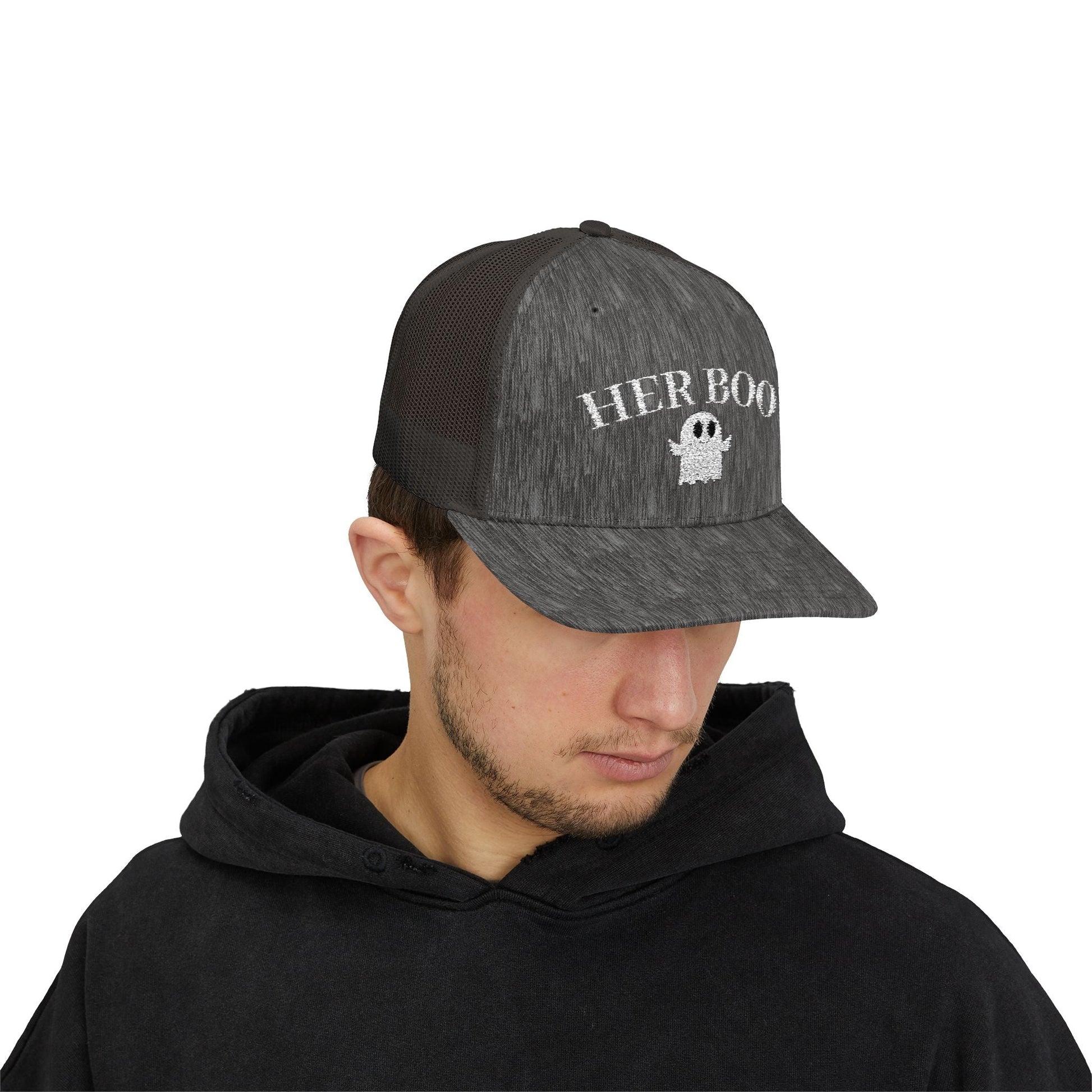 Her Boo Halloween Hat – Cute Ghost Embroidered Trucker Cap | Couples Matching Outfit – Dark Heather Grey Hats for Casual Fashion (23 view)