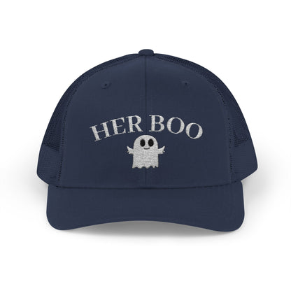Her Boo Halloween Hat – Cute Ghost Embroidered Trucker Cap | Couples Matching Outfit – Navy Hats for Casual Fashion (34 view)