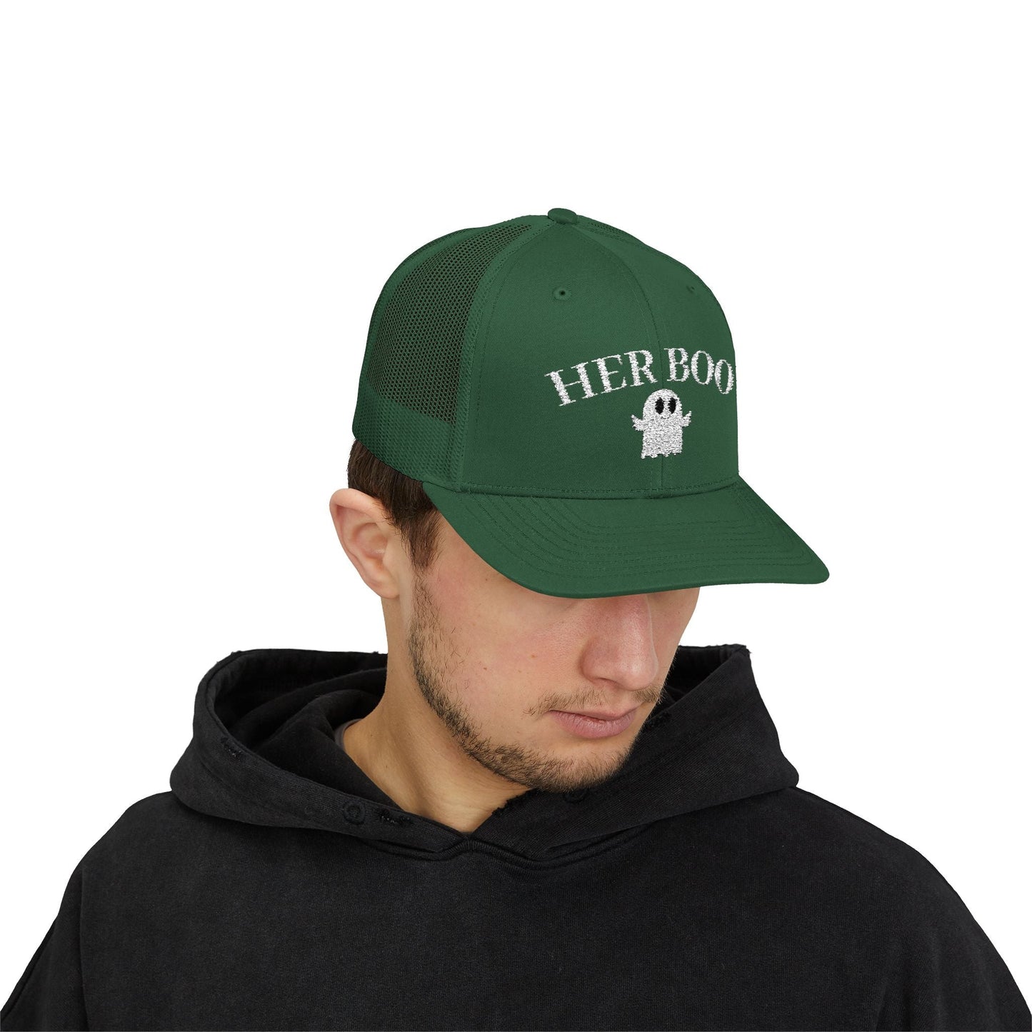 Her Boo Halloween Hat – Cute Ghost Embroidered Trucker Cap | Couples Matching Outfit – Evergreen Hats for Casual Fashion (29 view)