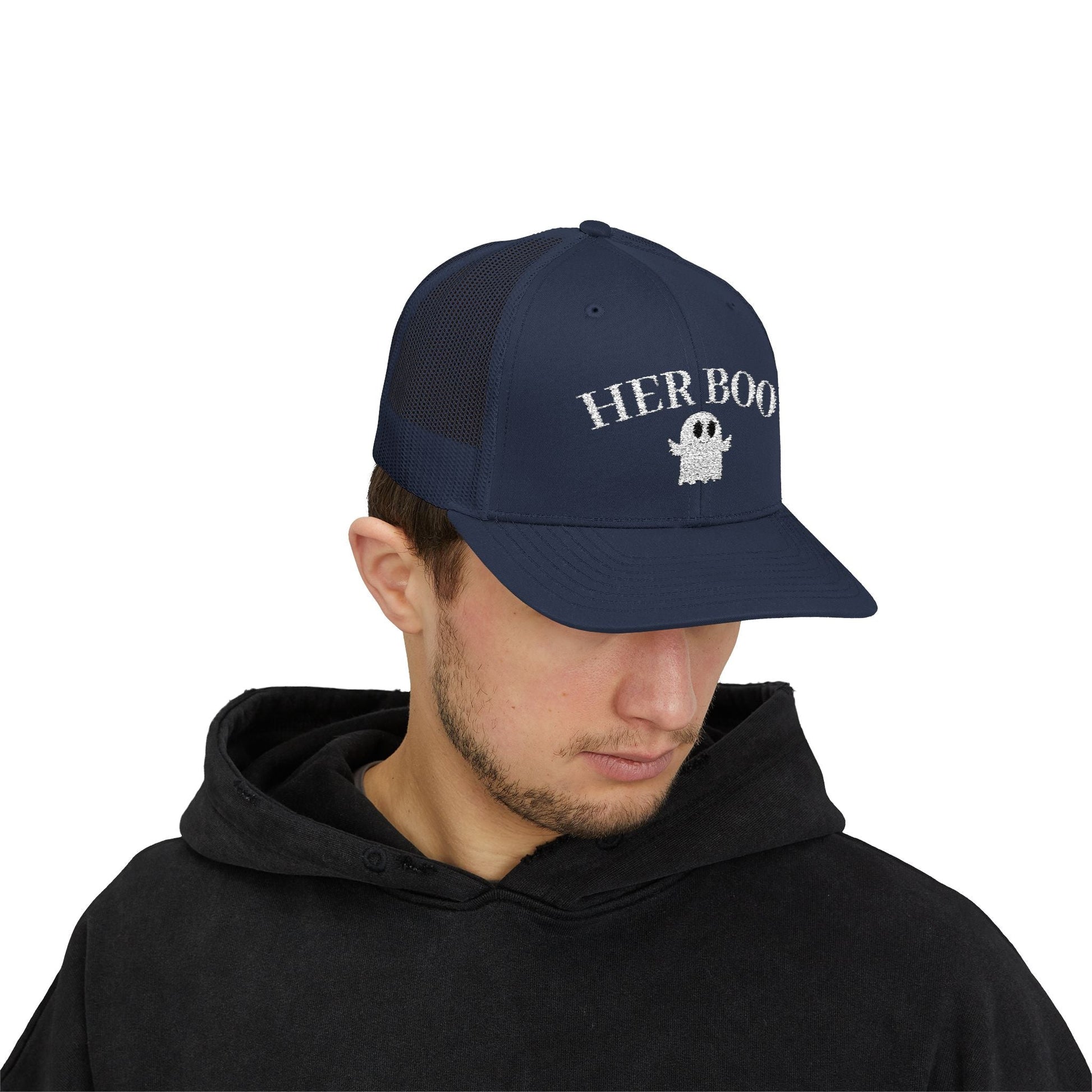 Her Boo Halloween Hat – Cute Ghost Embroidered Trucker Cap | Couples Matching Outfit – Navy Hats for Casual Fashion (35 view)